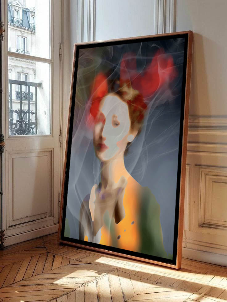 Dans la fumée, håndkolorert med tørpastell og akvarell