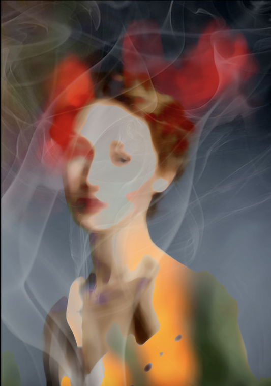 Dans  la fumée, håndkolorert med tørpastell og akvarell