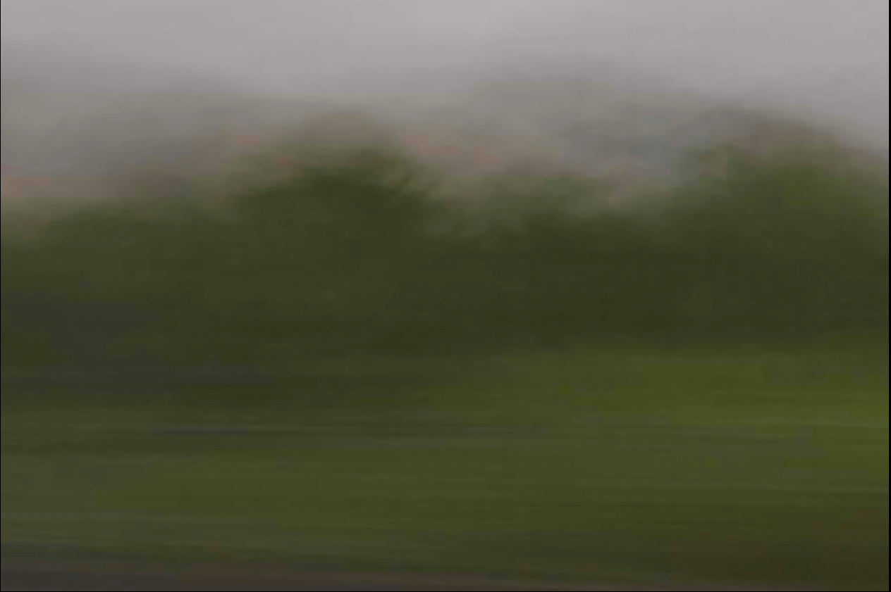 View from a train, Natur, grønt landskap i tåke, DGA, Abstrakt